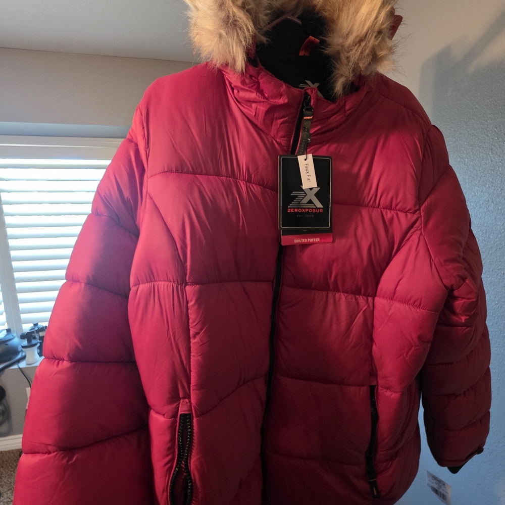 Red Puffer Jacket with Fur Hood